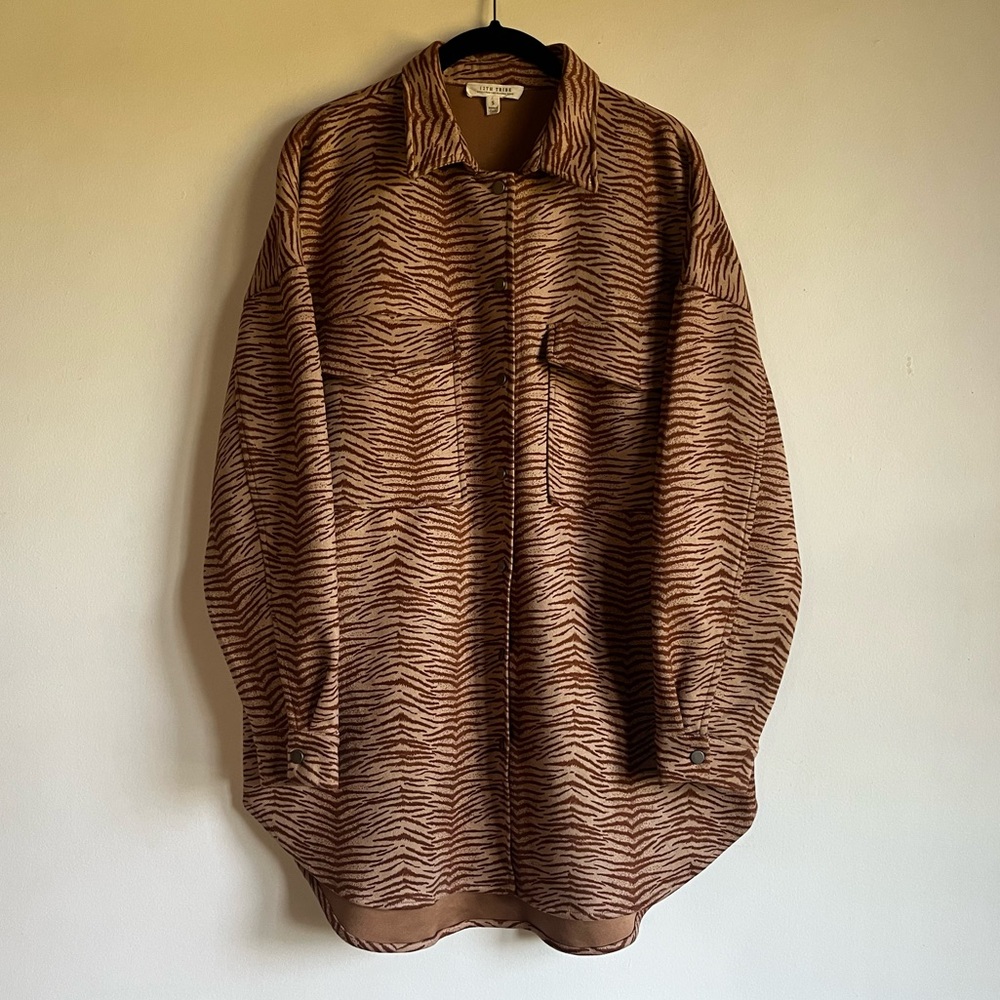 12th Tribe Roslyn Tan Zebra Jacket Sueded Shirt Dress Oversized Small Shacket